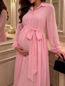 Bump Style Pink Maternity Long Sleeve Button-Up Collared Shirt Dress, Non-Stretch, Suitable For Baby Baptism, Dress - Pink - View 5