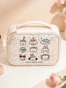 Cute Printed Makeup Bag, Standing Large Capacity Handheld Toiletry Bag With Compartments, Dedicated Brush Slots, Mesh Pockets For Easy Visibility, Portable Travel Business Trip Daily Makeup Organizer, Multi-Functional Storage - Multicolor - View 4
