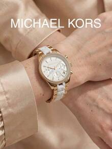 Michael Kors MK6939 Women's Ritz Series Gold & Silver Two-Tone Stainless Steel Quartz Chronograph Watch, 38mm White Dial With Diamond-Studded Bezel, Date Display, Luxury Commuter Style - White - View 8