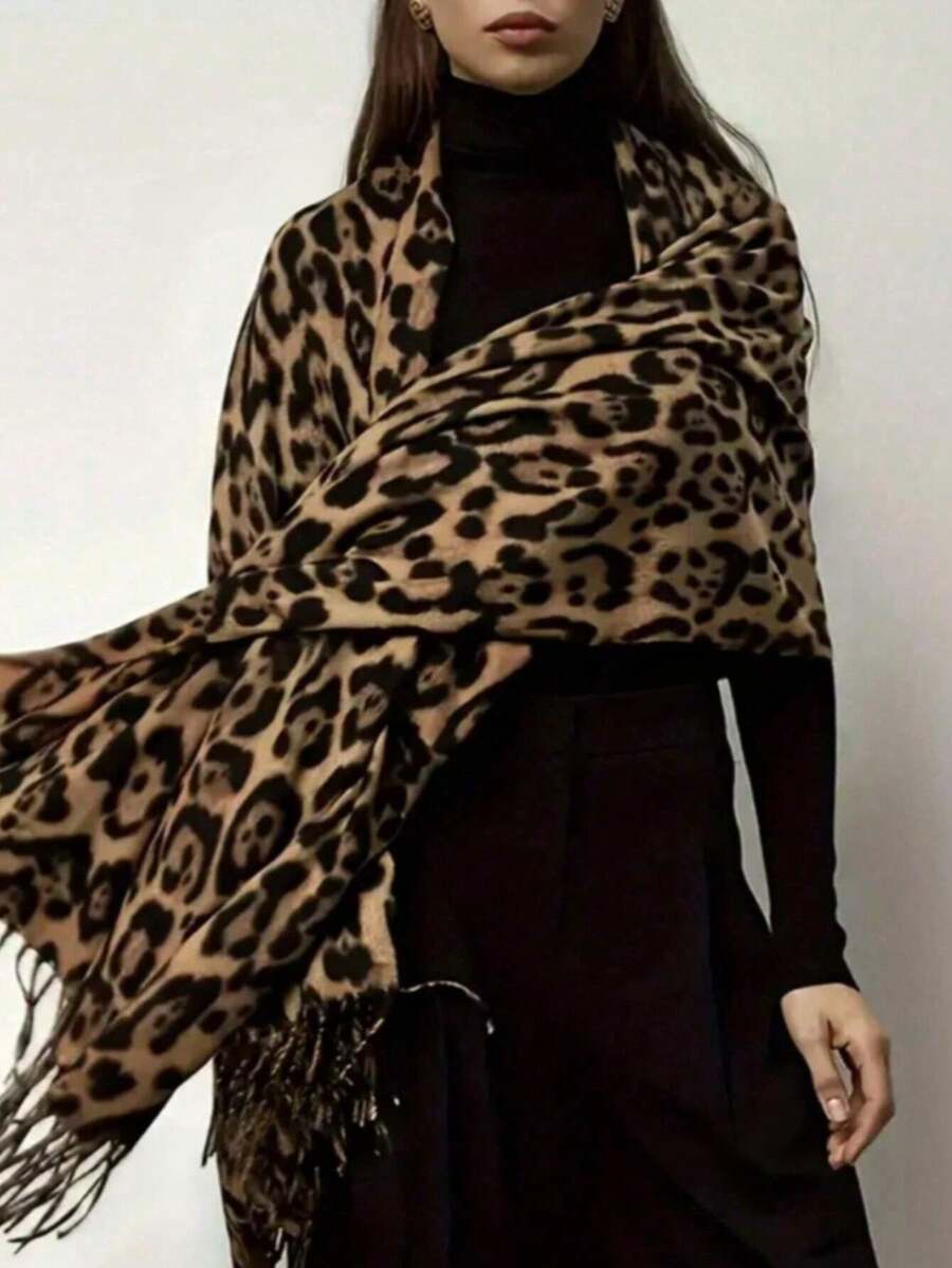 1pc Winter Lazy Animal Print Elegant Atmospheric Warm Thick Leopard Print Scarf - Khaki - View 1