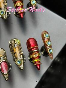 10pcs Long Stiletto Red Gold Curve Gem Rhinestone Tiger Print Press On Nails, Vintage Baroque Handmade Fall&Winter Reusable Fake Nails, Suitable For Party, Dating, Daily, Cosplay, Festival, Club, With Jelly Glue And Nail File, Luxury Y2K Style - Red - View 7