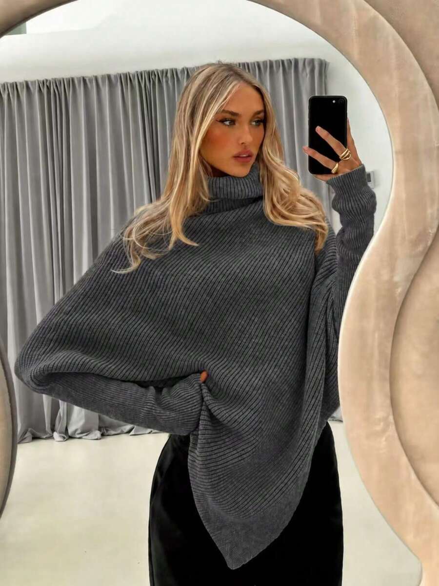Women's Elegant High Neck Soft Knit Sweater, Autumn/Winter Solid Color Loose Slimming Asymmetrical Hem Shawl Style, Suitable For Daily Wear And Dates - Grey - View 1