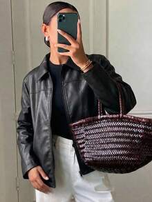 Livesso Solid Zip Through PU Leather Jacket Fall - Black - View 5