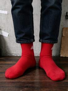1/3 Pairs Red Ribbed Crew Socks Unisex Soft Cotton Breathable Mid-Calf Casual Street Daily Socks - Multicolor - View 4