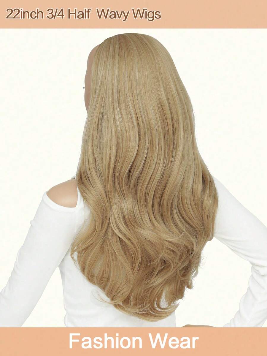 22inch Wavy Hair Extension Warm Blonde Hair Pieces For Women Synthetic Long 3/4 Half Wig For Daily Use
