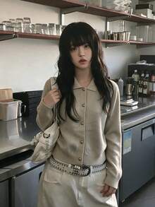 Korean Style Solid Color Collared Long Sleeve Knit Cardigan Women's Winter Loose Sweater Jacket Gentle Style Versatile Top - Apricot - View 4