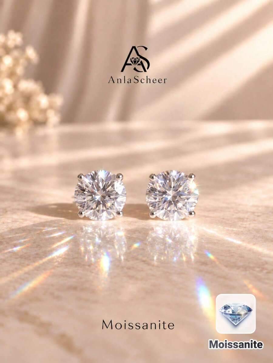 AnlaScheer 1pc 0.1ct Moissanite Rhinestone 925 Sterling Silver 4-Prong Flat Back Spiral Thread Cartilage Piercing Stud, Women's Engagement Wedding Bridal Jewelry