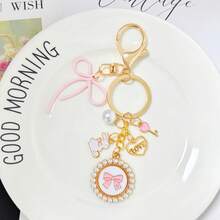 Elegant Gold-Pink Beaded Round Keychain With Pink Bow And Small Rabbit Charm, Fashionable Cartoon Accessory, Bag Pendant, Suitable For Easter, Valentine's Day And Other Holidays - Gold - View 6