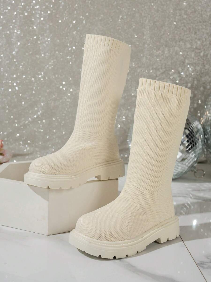 1 Pair Girls' Knit Elastic Knee-High Socks Boots - Beige - View 1