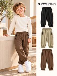 Young Boy Casual Minimalist Versatile 3-Piece Set Colorblock Zipper Pocket Solid Color Long Pants Suitable For Vacation Travel Sports - Multicolor - View 1