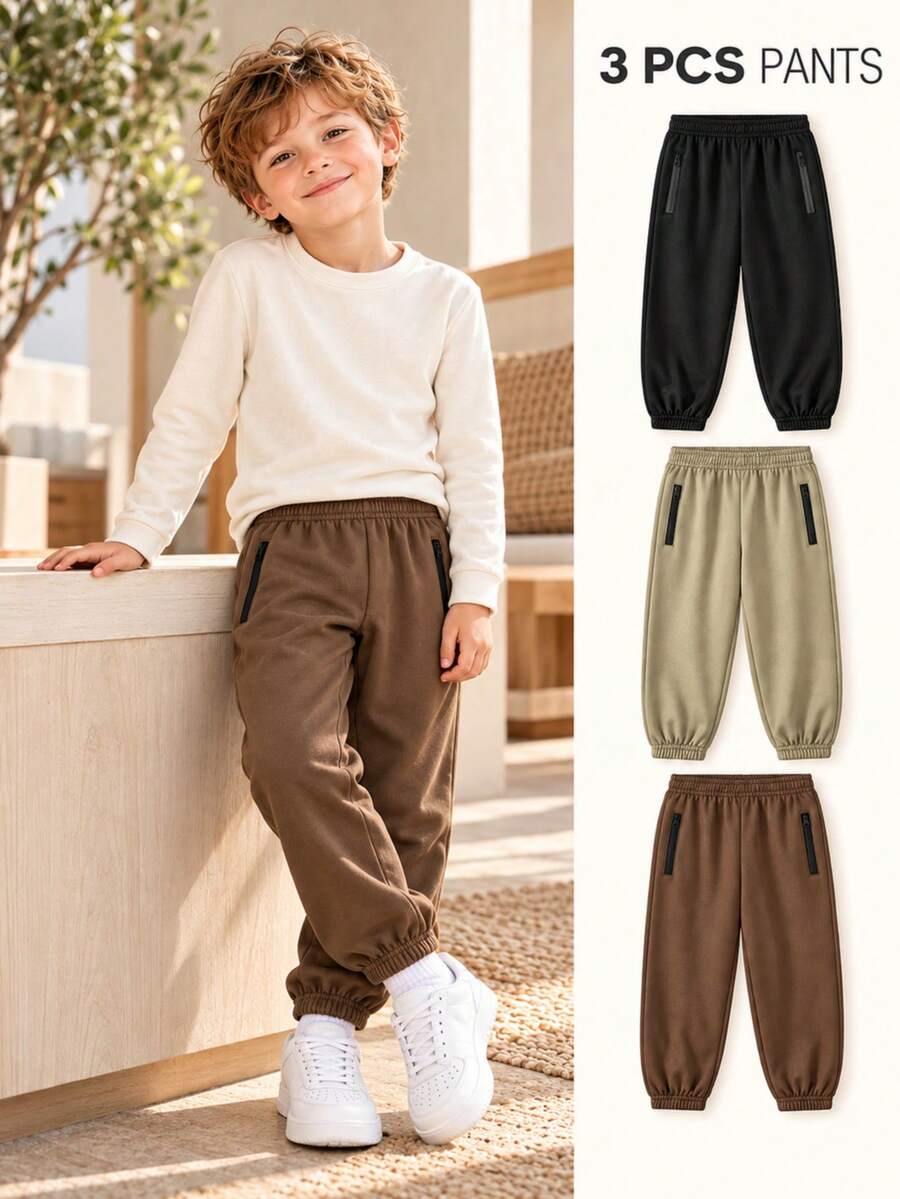 Young Boy Casual Minimalist Versatile 3-Piece Set Colorblock Zipper Pocket Solid Color Long Pants Suitable For Vacation Travel Sports - Multicolor - View 1