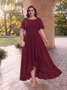 EVERPRETTY Plus Size Elegant Ruffle Sleeve Summer Autumn Wedding Guest Dress, Burgundy Bridesmaid Formal Evening Gown Fall Party - Burgundy - View 1