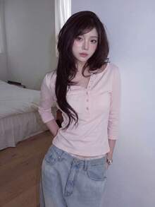 Women's Solid Color Casual Button Half Sleeve Henley T-Shirt - Pink - View 5