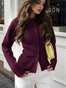 Live To Mo Women's Winter Cardigan Sweater, Long Sleeve Button Design, Business Casual Style, Suitable For Back To School And Outing Wear Fall - Purple - View 5