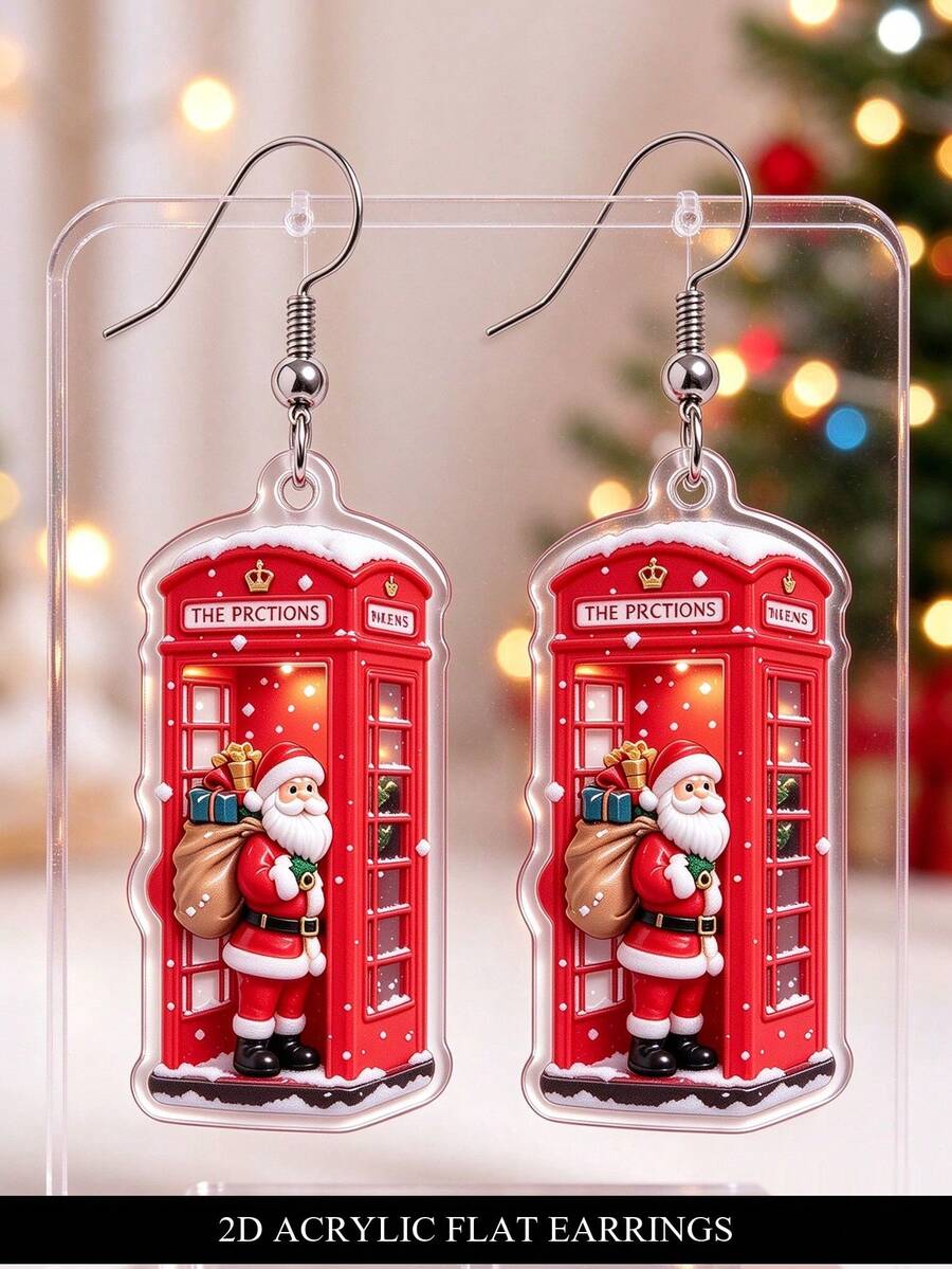 Anting Gantung Akrilik Santa Claus Bentuk Bilik Telepon Merah Datar 2D, Perhiasan Bertema Natal, Hadiah Kreatif - Santa Claus di dalam Bilik Telepon - View 1