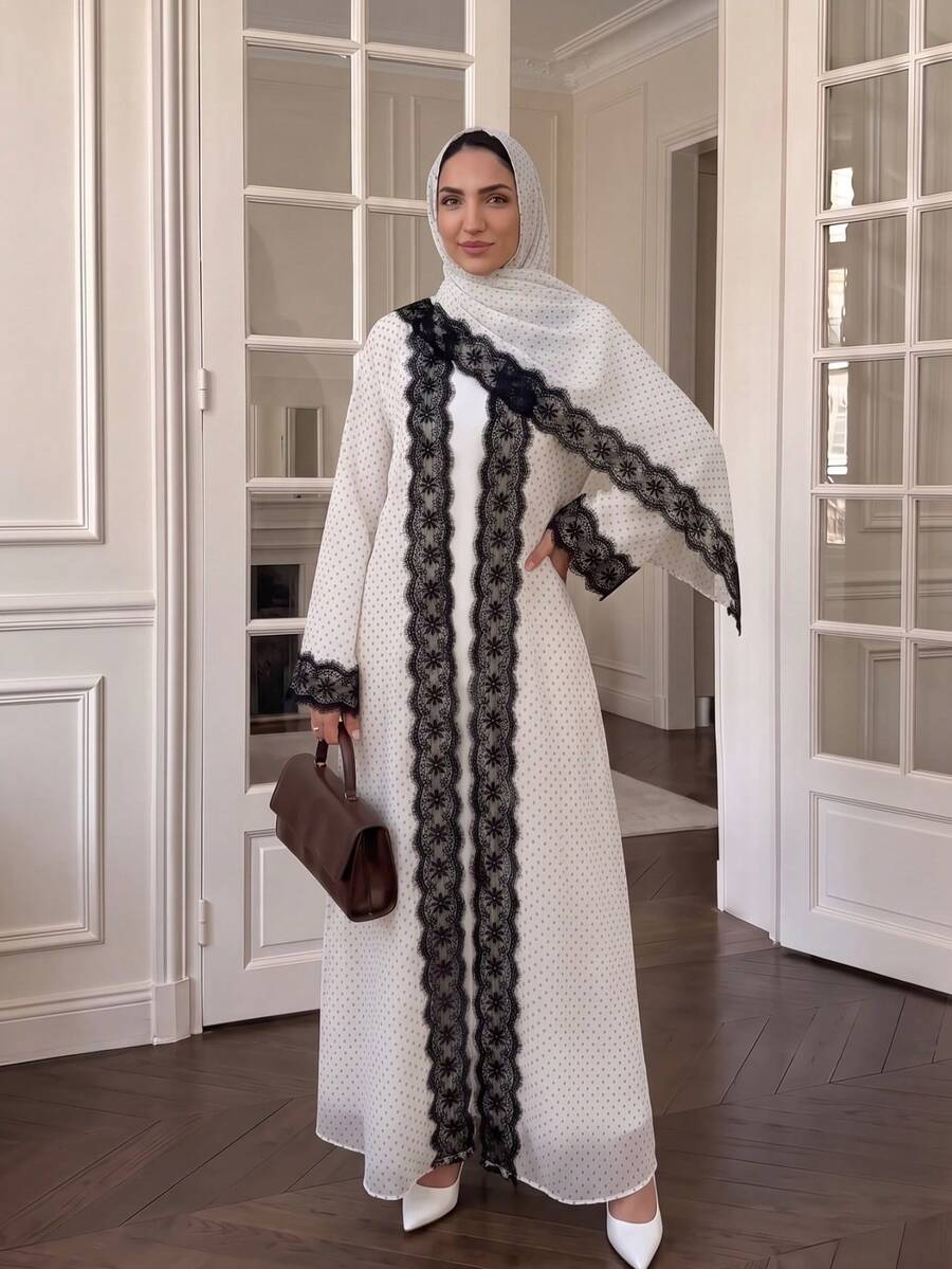 2pcs Set Including Headscarf Elegant Fashion Modest Abaya Polka Dot Lace Trim Cardigan Long Robe Suitable For Ramadan Holiday Gathering Party Daily Home Wear - White - View 1