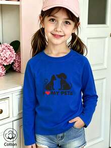 Girls' Cute Printed Patch Sleeve Crew Neck Long Sleeve Casual Sports T-Shirt - Blue - View 3