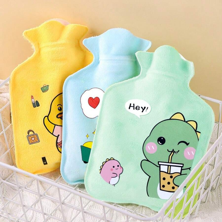 1pc Cute Cartoon Print Hot Water Bottle, Flocked Outer Layer Soft And Skin-Friendly, Reduces High Temperature, Prevents Skin Burns. Thickened PVC Inner Liner, Good Sealing, Explosion-Proof And Leak-Proof. Portable Capacity Design, Suitable For Warming Hands And Abdomen, Easily Resists Cold. Multiple Fresh And Cute Patterns Available, Lightweight Design, Convenient For Carrying. Refillable And Reusable, Long-Lasting Temperature Retention, Suitable For Home, Office, Travel, Practical Warmth Item For Autumn And Winter, Also Can Be Used As A Heartwarming Gift. - A - View 1