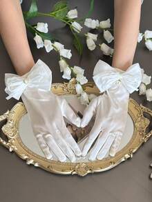 1 Pair Girls Spring/Summer Thin Lolita Bride Cosplay Lace Gloves With Bowknot, Versatile - White - View 4