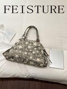 1pc Star Pattern Large Capacity Shoulder Bag, Casual Women's Tote Bag, Double Handle Design, Zipper Closure, Suitable For Daily Shopping, New Women's Handbag, Office Bag - Grey - View 10