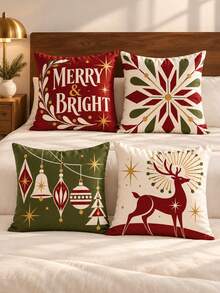 4 Buah Sarung Bantal Geometris Vintage Natal, Tulisan Merry & Bright, Pola Kepingan Salju, Ornamen & Rusa Kutub, Dekorasi Sofa Kamar Tidur Gaya Modern Pertengahan Abad Amerika, Cetakan Satu Sisi Super Lembut Imitasi, Isian Bantal Tidak Termasuk - MultiWarna - View 11