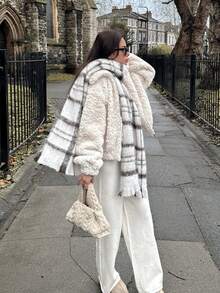 1pc Scarf Winter New Mohair Checkered Warm Scarf, Thickened Shawl - Beige - View 3