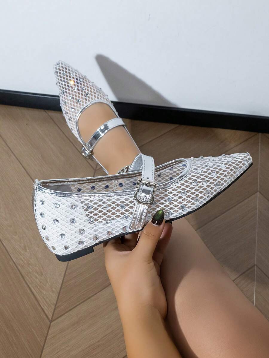Silver Mesh Rhinestone Pointed Toe Flat Pumps For Women, Bowknot Low Vamp Breathable Evening Party Shoes With Pure Metal Rhinestones