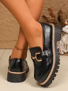 Sepatu Loafer Wanita Gaya Inggris dengan Gesper Logam, Sol Tebal, Sepatu Slip-On Platform Retro, Serbaguna - Hitam - View 5