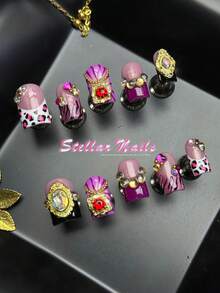 10pcs Short Square Leopard Zebra Print Gem Rhinestone Handmade Fully Covered Press On Nails, Purple French Fall&Winter Removable Fake Nails, Suitable For Party, Dance, Daily Wear, Student Party, Cosplay, With Jelly Glue & Nail File, Luxury Y2K Style - Purple - View 4
