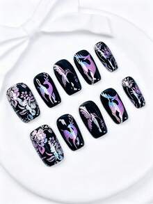 10pcs/Set Handmade Short Square Nail Tips, Y2K Christmas Black Style, Hand-Painted Blue Purple Gradient Glitter Deer Hummingbird Floral Pattern, Suitable For Women & Girls, Includes Tools,For Ladies Press On Nails,Fall Nails,Black Nails,Winter Nails - Black - View 3