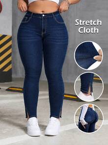 Plus Size Blue Elastic High Waist Long Pants With Slit Hem, Suitable For Autumn/Winter, Perfect For Dating And Commuting - Blue - View 1