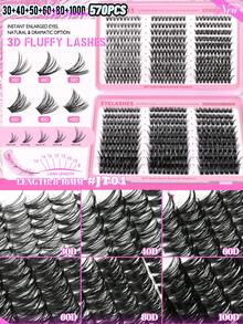 GROINNEYA 570/500Pcs D-Curl High Capacity DIY Lash Kit With Bond And Seal And Lash Applicator Tool Fake Lashes Book Mix Style Dense Lash Clusters 8-16mm Mixed Length 3D Individual Lashes SetNatural Eye Makeup,Suitable For Daily And Date Makeup - Black - View 4