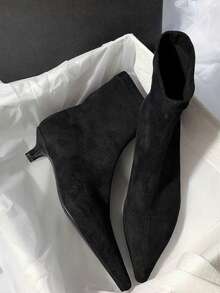Brown Square Toe Ankle Boots Women 2025 Spring/Autumn New French Style Chunky Mid-Heel Boots Elastic Slim Fit - Black - View 5