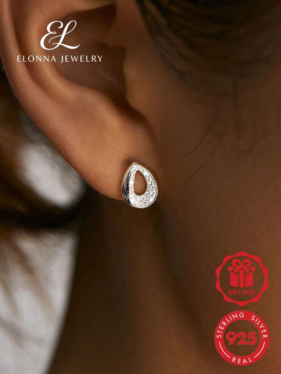 SYMFNY 1對925純銀立方鋯石幾何耳釘,適合女性度假與日常配戴 - 銀色 - 查看 1
