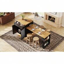 Extendable Kitchen Island With Dining Table, Multifunctional Storage Cabinet With Drawers,, Wine Rack, Kitchen & Dining Room - Black + MDF - View 8