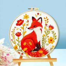 1 Set Autumn Forest Animal Cross Stitch Beginner Kit, Pre-Printed Pattern Embroidery Set, Includes Bamboo Embroidery Hoop, Colorful Embroidery Thread, Embroidery Needle And Instruction Manual, Hedgehog Fox Deer Squirrel Floral Design - A - View 4
