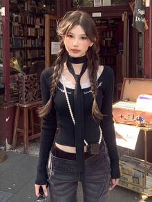 秋冬韓系甜美風掛脖領繫帶蕾絲拼接撞色針織上衣 女款大圓領刺繡羅紋打底修身毛衣 Ins風 - 黑色 - 查看 7