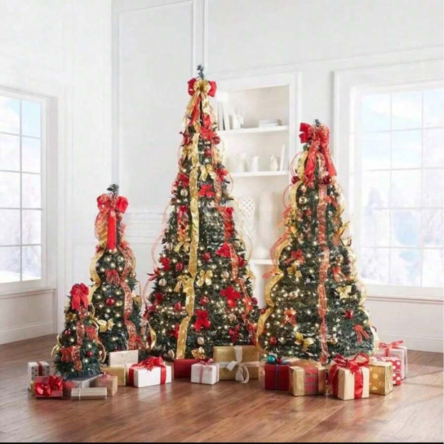 Christmas Tree Decoration Set With Red Gold Ribbon Garland And Christmas Ball Ornaments, Luxury Holiday Xmas Tree Decor Kit, Festive Indoor Home Party Decorations - Multicolor - View 1