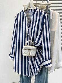 Vela Rue Women's Striped Long Sleeve Notched Collar Woven Fabric Shirt Neutral Minimalist - Blue and White - View 1