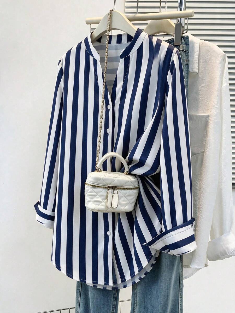 Vela Rue Women's Striped Long Sleeve Notched Collar Woven Fabric Shirt Neutral Minimalist - Blue and White - View 1