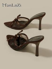 ManLuZi Women's Coffee Brown Luxury Bow Decor Pointed Toe High Heel Mule Sandals, Fashion Backless Stiletto Heel Party Evening Shoes - Coffee Brown - View 1