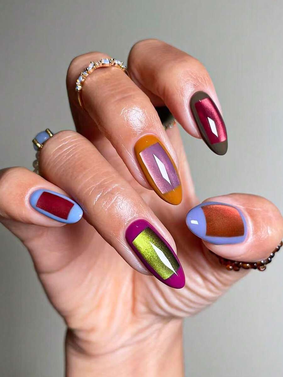 10pcs Handmade Press-On Nails, Short Acrylic Fake Nails, Autumn/Winter Style, Multicolor Solid Base With Metallic Square Patchwork Design, Suitable For Street Fashion Photography And Nightclub Parties, Perfect For Bold Y2K Girls - Follow Your Heart - View 1