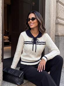 Sweater Wanita Musim Gugur/Dingin Y2K Manis dengan Ikatan Depan, Atasan Rajut Bertekstur Warna Kontras - Aprikot - View 2