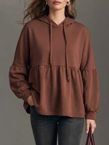 Women's Oversized Hooded Sweatshirt Casual Ruched Layered Ruffle Hem Lantern Long Sleeve Drawstring Ruffle Hem Loose Pullover - Brown - View 3