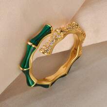 1pc Vintage Luxury 18K Gold Plated Deep Green Zirconia Inlaid Double-Layer Criss-Cross Bamboo Node Adjustable Ring, Suitable For Daily, Party, Wedding, Vacation Wear, Exquisite Gift - Dark Green - View 3