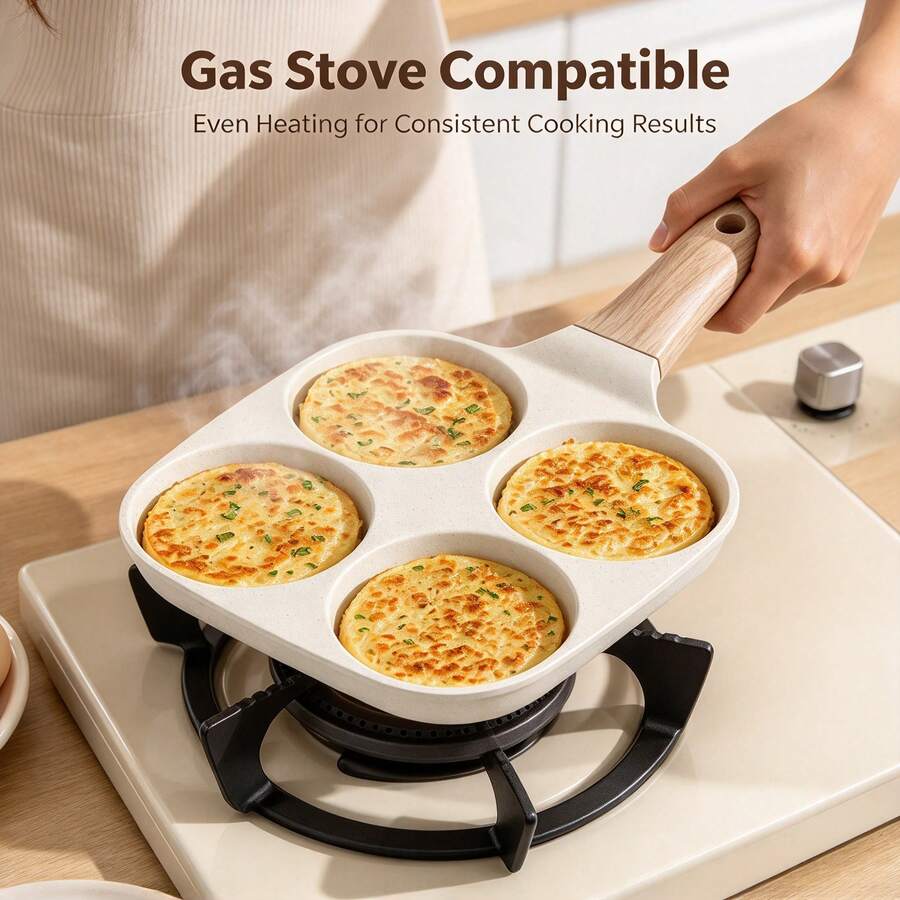 4-Cup Non-Stick Egg Pan, Die-Cast Aluminum Breakfast Pancake Pan, Flat Bottom Frying Pan, Kitchen Cookware, Cook Multiple Eggs At Once, Time-Saving Lightweight Design, Suitable For Induction Cooktop And Dishwasher, Double-Sided Water-Based Non-Stick Coating With Wood Grain Handle