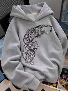 Autumn Streetwear Cheetah Graphic Top For Women Concert Wear Grey Long Sleeve Sweatshirt For Going Out For Back To School - Grey - View 5