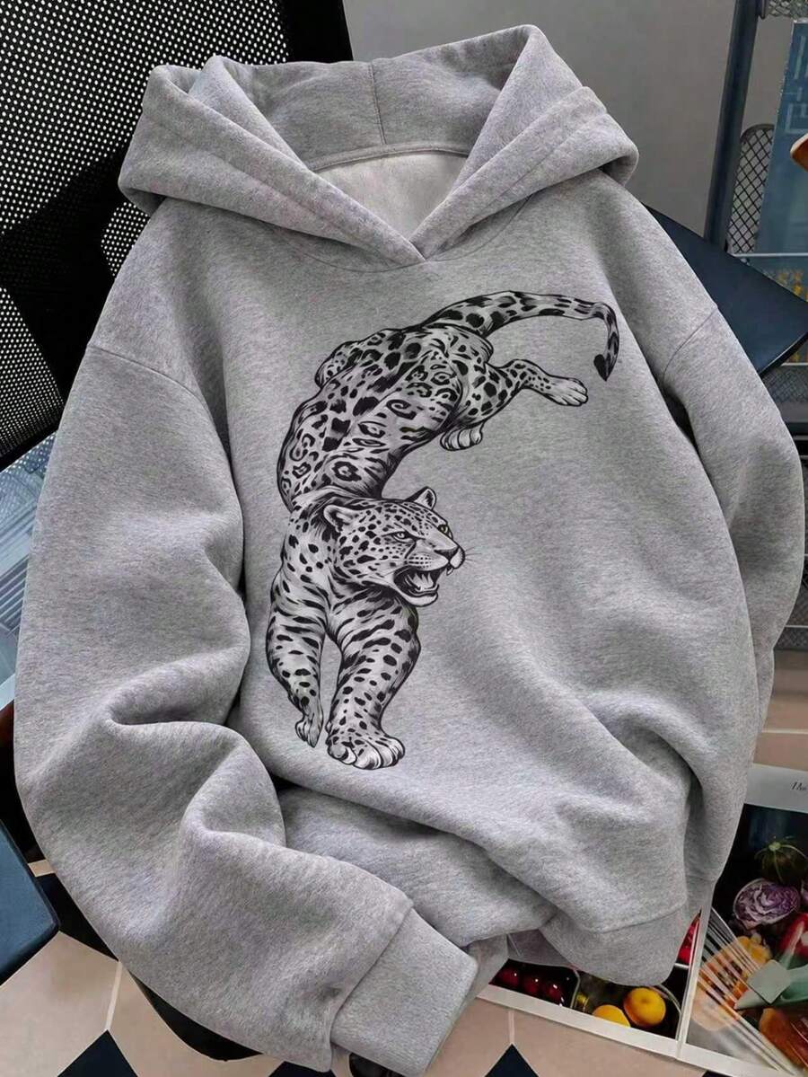 Autumn Streetwear Cheetah Graphic Top For Women Concert Wear Grey Long Sleeve Sweatshirt For Going Out For Back To School - Grey - View 1