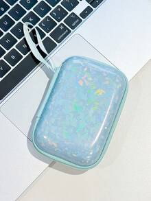 Cute Holographic Glitter Mini Hard Shell Storage Bag Portable Hand Strap Zipper Pouch Travel Organizer For Earphone Charger Cable Jewelry Small Gadgets Girls Accessory Case - Multicolor - View 4