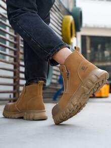 New Men's Work Safety Shoes, Steel Toe Anti-Crush, Anti-Puncture Work Shoes, Slip-On Safety Boots, Mid-Top Work Shoes, Essential Labor Protection Shoes For Outdoor Work, Suitable For Construction Sites, Building, Hiking - Ginger - View 7